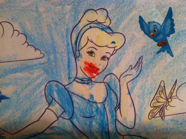 I found CJ coloring a picture of Cinderella and his usual 